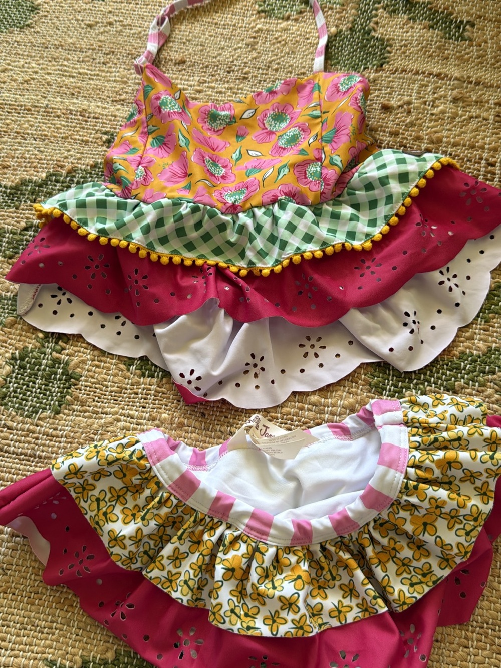 Matilda Jane Floral & Gingham Ruffle Tankini Top - Pink, Yellow, Green, White